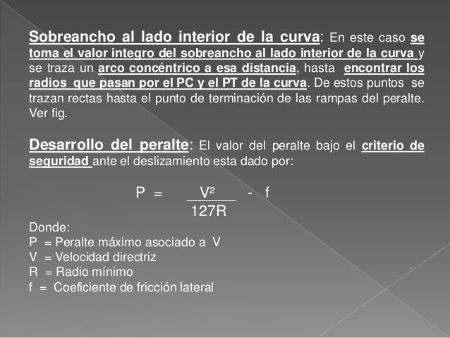Condiciones para el desarrollo del peralte
ProporciÃ³n del peralte a desarrollar en tangente: El
desarrollo de una parte de...