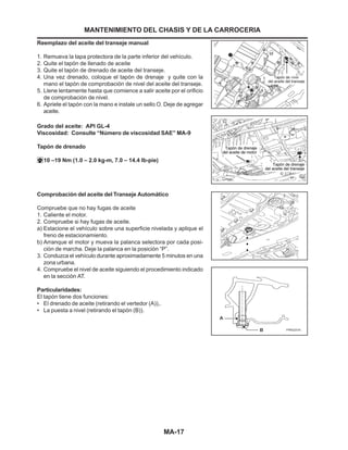 MA-17
Reemplazo del aceite del transeje manual
1. Remueva la tapa protectora de la parte inferior del vehículo.
2. Quite el tapón de llenado de aceite
3. Quite el tapón de drenado de aceite del transeje.
4. Una vez drenado, coloque el tapón de drenaje y quite con la
mano el tapón de comprobación de nivel del aceite del transeje.
5. Llene lentamente hasta que comience a salir aceite por el orificio
de comprobación de nivel.
6. Apriete el tapón con la mano e instale un sello O. Deje de agregar
aceite.
Grado del aceite: API GL-4
Viscosidad: Consulte “Número de viscosidad SAE” MA-9
Tapón de drenado
10 –19 Nm (1.0 – 2.0 kg-m, 7.0 – 14.4 lb-pie)
Comprobación del aceite del Transeje Automático
Compruebe que no hay fugas de aceite
1. Caliente el motor.
2. Compruebe si hay fugas de aceite.
a) Estacione el vehículo sobre una superficie nivelada y aplique el
freno de estacionamiento.
b) Arranque el motor y mueva la palanca selectora por cada posi-
ción de marcha. Deje la palanca en la posición “P”.
3. Conduzca el vehículo durante aproximadamente 5 minutos en una
zona urbana.
4. Compruebe el nivel de aceite siguiendo el procedimiento indicado
en la sección AT.
Particularidades:
El tapón tiene dos funciones:
• El drenado de aceite (retirando el vertedor (A)),.
• La puesta a nivel (retirando el tapón (B)).
MANTENIMIENTO DEL CHASIS Y DE LA CARROCERIA
 