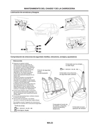 MA-23
MANTENIMIENTO DEL CHASIS Y DE LA CARROCERIA
Lubricación de cerraduras y bisagras
Comprobación de cinturones de seguridad, hebillas, retractores, anclajes y ajustadores
 