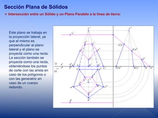 Intersección entre un Sólido y un Plano Paralelo a la línea de tierra:
Sección Plana de Sólidos
Este plano se trabaja en
la proyección lateral, ya
que el mismo es
perpendicular al plano
lateral y el plano se
proyecta como una recta.
La sección también se
proyecta como una recta,
obteniéndose los puntos
de corte con las arista en
caso de los polígonos o
con las generatriz en
caso de un cuerpo
redondo.
 