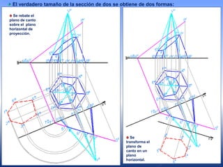 El verdadero tamaño de la sección de dos se obtiene de dos formas:
Se
transforma el
plano de
canto en un
plano
horizontal.
Se rebate el
plano de canto
sobre el plano
horizontal de
proyección.
 