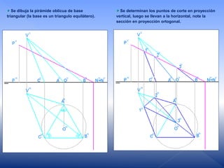 Se dibuja la pirámide oblicua de base
triangular (la base es un triangulo equilátero).
Se determinan los puntos de corte en proyección
vertical, luego se llevan a la horizontal, note la
sección en proyección ortogonal.
 