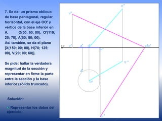 7. Se da: un prisma oblicuo
de base pentagonal, regular,
horizontal, con el eje OO' y
vértice de la base inferior en
A. O(50; 60; 00), O'(110;
25; 70), A(50; 80; 00).
Así también, se da el plano
[X(150; 00; 00), H(70; 125;
00), V(20; 00; 60)].
Se pide: hallar la verdadera
magnitud de la sección y
representar en firme la parte
entre la sección y la base
inferior (sólido truncado).
Solución:
Representar los datos del
ejercicio.
 