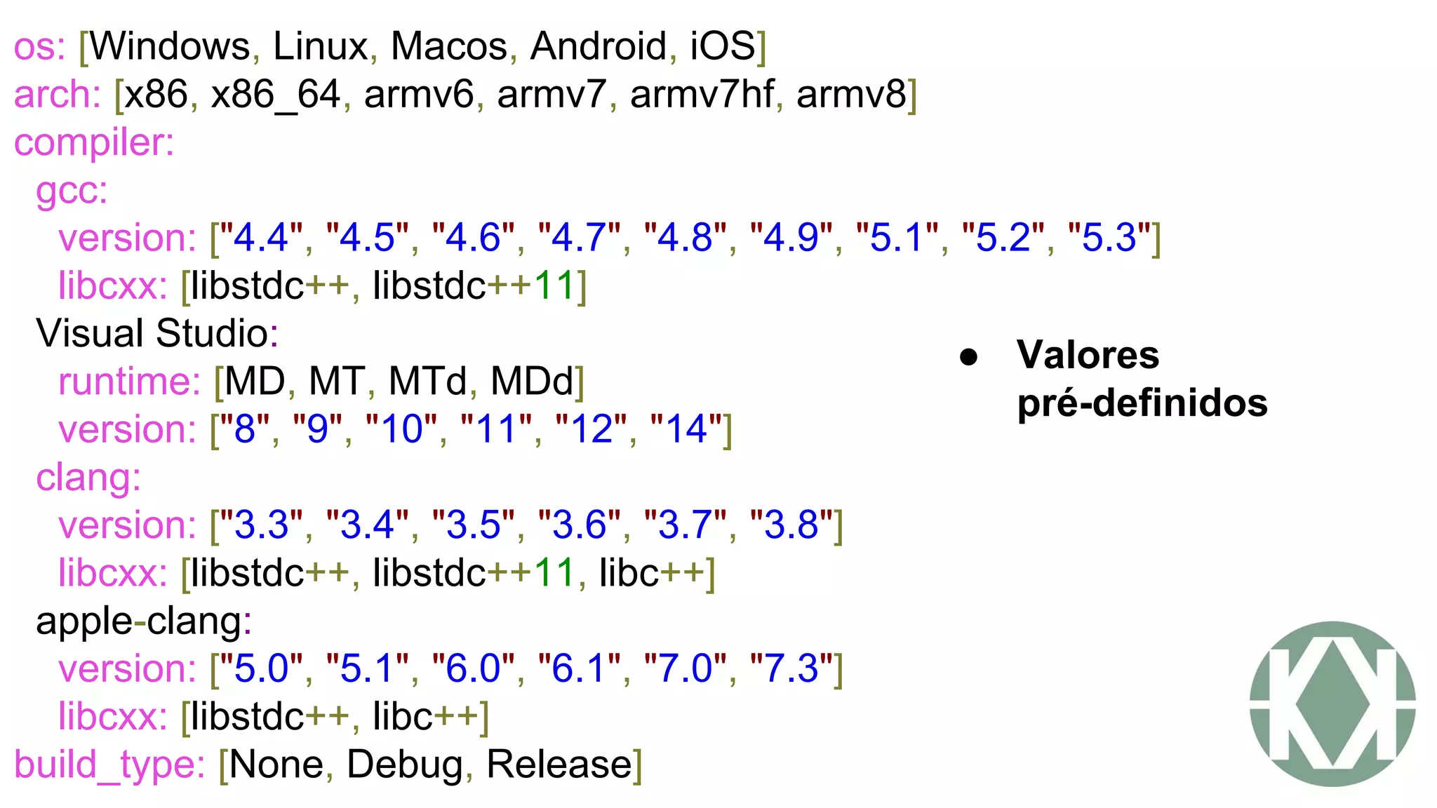 os: [Windows, Linux, Macos, Android, iOS]
arch: [x86, x86_64, armv6, armv7, armv7hf, armv8]
compiler:
gcc:
version: ["4.4", "4.5", "4.6", "4.7", "4.8", "4.9", "5.1", "5.2", "5.3"]
libcxx: [libstdc++, libstdc++11]
Visual Studio:
runtime: [MD, MT, MTd, MDd]
version: ["8", "9", "10", "11", "12", "14"]
clang:
version: ["3.3", "3.4", "3.5", "3.6", "3.7", "3.8"]
libcxx: [libstdc++, libstdc++11, libc++]
apple-clang:
version: ["5.0", "5.1", "6.0", "6.1", "7.0", "7.3"]
libcxx: [libstdc++, libc++]
build_type: [None, Debug, Release]
● Valores
pré-definidos
 