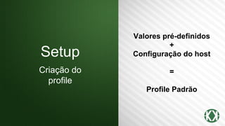 Setup
Criação do
profile
Valores pré-definidos
+
Configuração do host
=
Profile Padrão
 