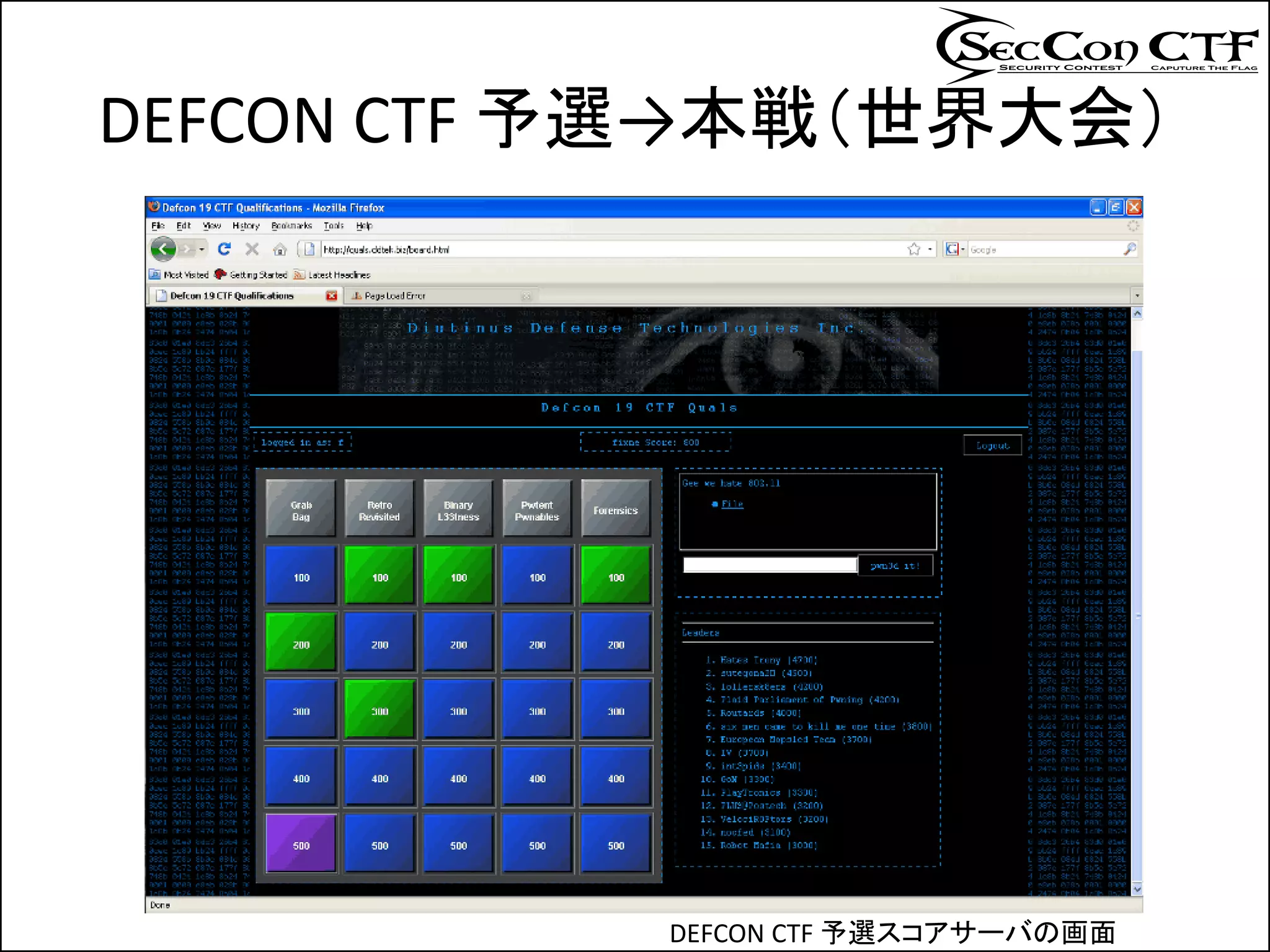 DEFCON CTF 予選→本戦（世界大会）




           DEFCON CTF 予選スコアサーバの画面
 
