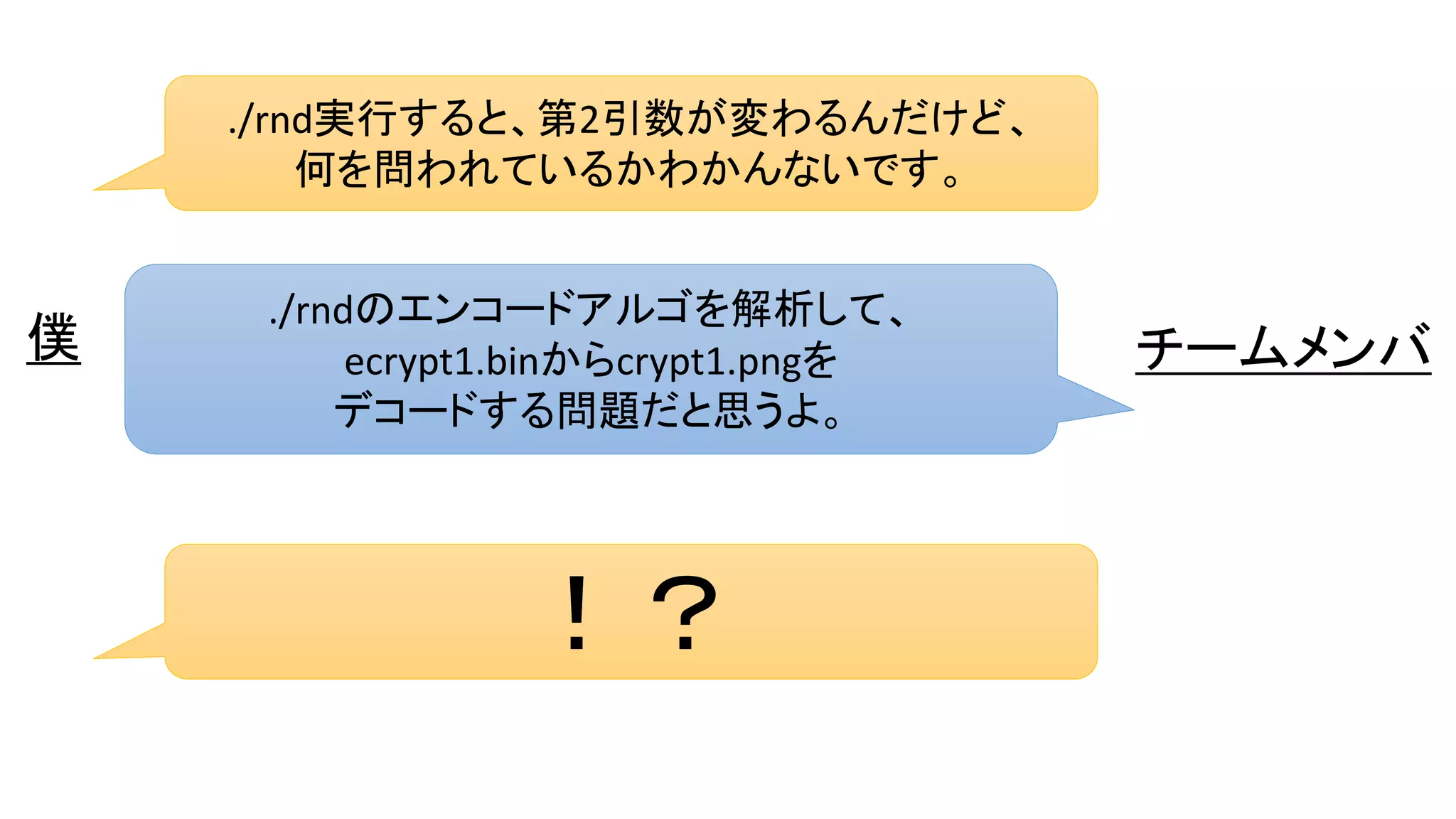 僕 チームメンバ
./rnd実行すると、第2引数が変わるんだけど、
何を問われているかわかんないです。
./rndのエンコードアルゴを解析して、
ecrypt1.binからcrypt1.pngを
デコードする問題だと思うよ。
！？
 