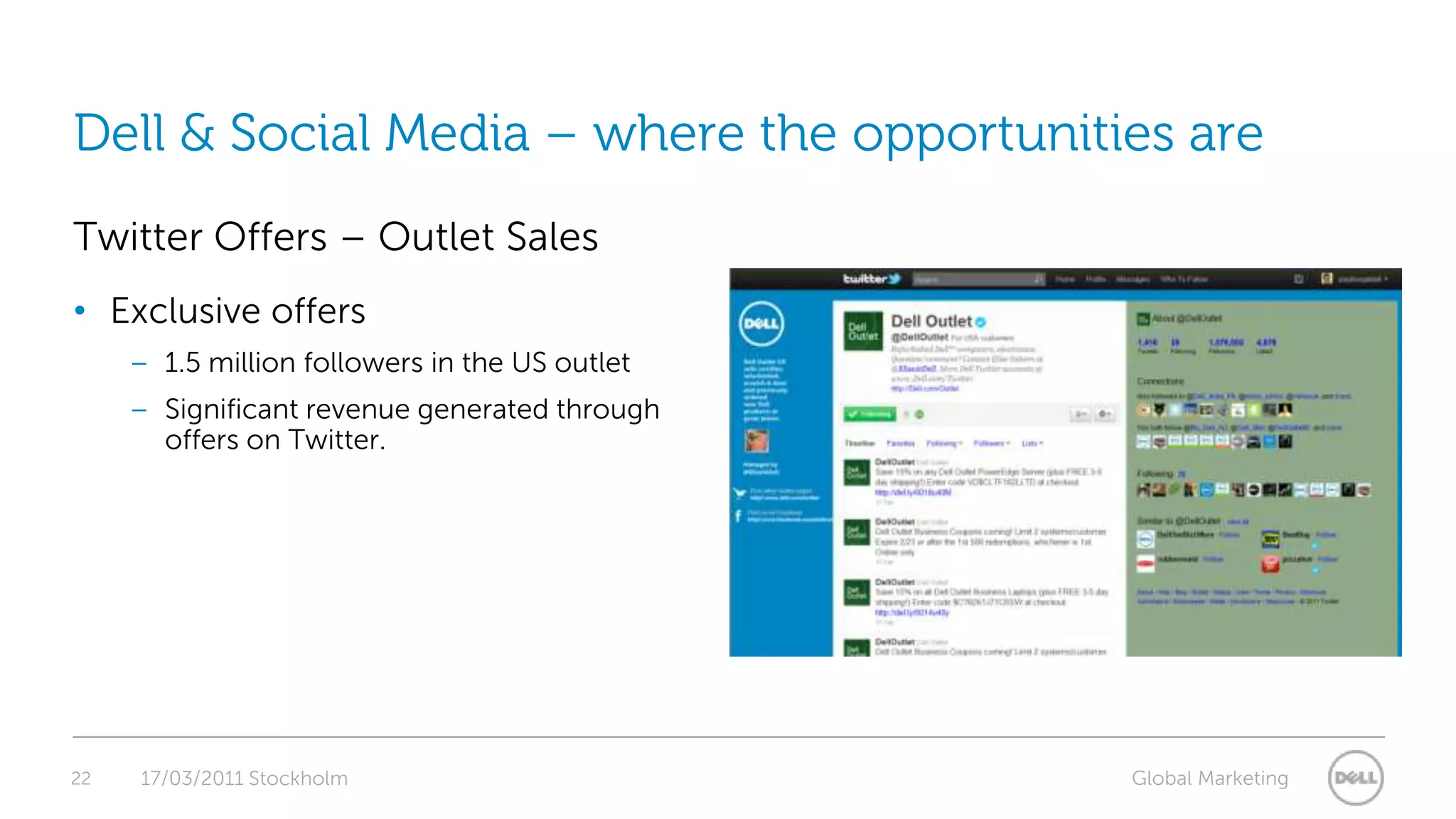 22Dell & Social Media – where the opportunities are17/03/2011 StockholmTwitter Offers – Outlet SalesExclusive offers1.5 million followers in the US outletSignificant revenue generated through offers on Twitter.