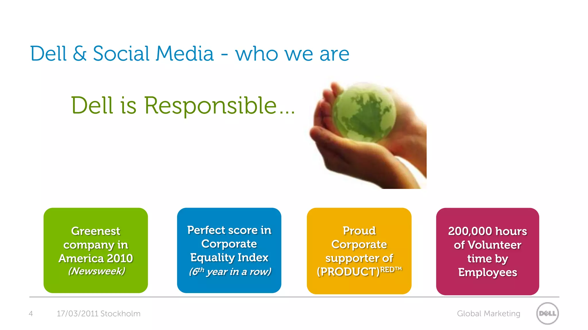 Dell is Responsible…Perfect score in Corporate Equality Index (6th year in a row)Greenest company in America 2010 (Newsweek)Proud Corporate supporter of (PRODUCT)RED™200,000 hours of Volunteer  time by Employees4Dell & Social Media - who we are17/03/2011 Stockholm