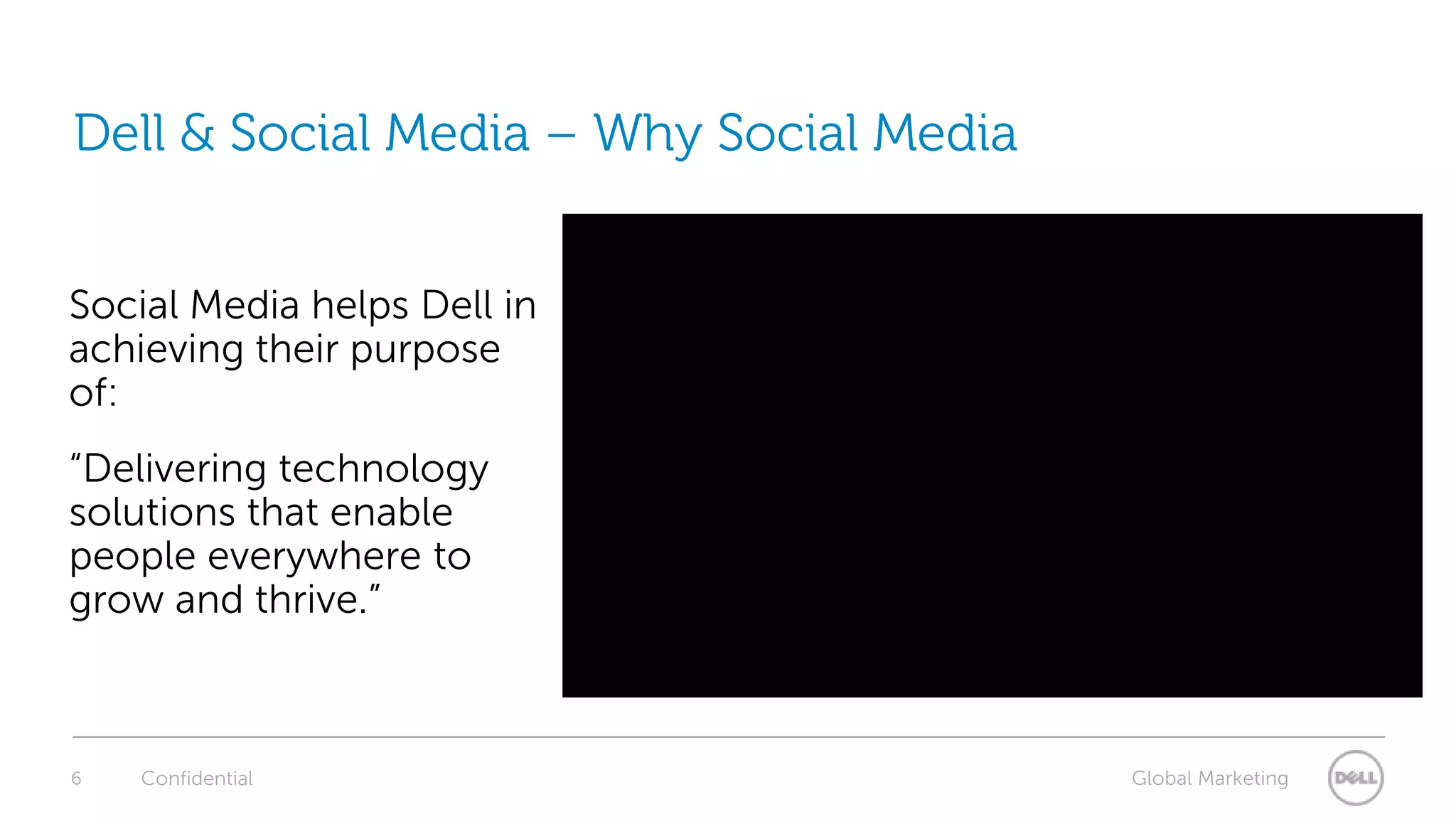 6Dell & Social Media – Why Social MediaSocial Media helps Dell in achieving their purpose of:“Delivering technology solutions that enable people everywhere to grow and thrive.”Confidential