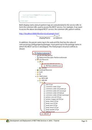Development and Deployment of REST Web Services in JAVA | Tutorial Page 15
<url-pattern>/test/*</url-pattern>
</servlet-mapping>
</web-app>
Both display-name and url-pattern tags are concatenated to the service URL to
form the common URL used to access the REST service. For example, if we want
to access the above developed REST service, the common URL pattern will be:
http://localhost:8080/RestServicesExample/test/
display-name url-pattern
In addition, the param name tag in the web.xml file that has the value of
com.sun.jersey.config.property.packages must point out to the package name in
which the REST service is developed. The final project structure will be as
shown:
 