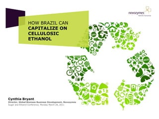 HOW BRAZIL CAN
                CAPITALIZE ON
                CELLULOSIC
                ETHANOL




Cynthia Bryant
Director, Global Biomass Business Development, Novozymes
Sugar and Ethanol Conference, Monday March 28, 2011
 