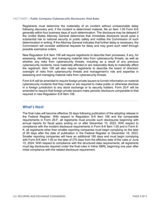 FACT SHEET | Public Company Cybersecurity Disclosures; Final Rules
U.S. SECURITIES AND EXCHANGE COMMISSION PAGE 2 OF 2
Registrants must determine the materiality of an incident without unreasonable delay
following discovery and, if the incident is determined material, file an Item 1.05 Form 8-K
generally within four business days of such determination. The disclosure may be delayed if
the United States Attorney General determines that immediate disclosure would pose a
substantial risk to national security or public safety and notifies the Commission of such
determination in writing. If the Attorney General indicates that further delay is necessary, the
Commission will consider additional requests for delay and may grant such relief through
possible exemptive orders.
New Regulation S-K Item 106 will require registrants to describe their processes, if any, for
assessing, identifying, and managing material risks from cybersecurity threats, as well as
whether any risks from cybersecurity threats, including as a result of any previous
cybersecurity incidents, have materially affected or are reasonably likely to materially affect
the registrant. Item 106 will also require registrants to describe the board of directors’
oversight of risks from cybersecurity threats and management’s role and expertise in
assessing and managing material risks from cybersecurity threats.
Form 6-K will be amended to require foreign private issuers to furnish information on material
cybersecurity incidents that they make or are required to make public or otherwise disclose
in a foreign jurisdiction to any stock exchange or to security holders. Form 20-F will be
amended to require that foreign private issuers make periodic disclosure comparable to that
required in new Regulation S-K Item 106.
What’s Next
The final rules will become effective 30 days following publication of the adopting release in
the Federal Register. With respect to Regulation S-K Item 106 and the comparable
requirements in Form 20-F, all registrants must provide such disclosures beginning with
annual reports for fiscal years ending on or after December 15, 2023. With respect to
compliance with the incident disclosure requirements in Form 8-K Item 1.05 and in Form 6-
K, all registrants other than smaller reporting companies must begin complying on the later
of 90 days after the date of publication in the Federal Register or December 18, 2023.
Smaller reporting companies will have an additional 180 days and must begin complying
with Form 8-K Item 1.05 on the later of 270 days from the effective date of the rules or June
15, 2024. With respect to compliance with the structured data requirements, all registrants
must tag disclosures required under the final rules in Inline XBRL beginning one year after
initial compliance with the related disclosure requirement.
 