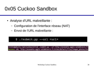 Workshop Cuckoo Sandbox 30
0x05 Cuckoo Sandbox
● Analyse d'URL malveillante :
– Configuration de l'interface réseau (NAT)
– Envoi de l'URL malveillante :
$ ./submit.py ­­url <url>  
 