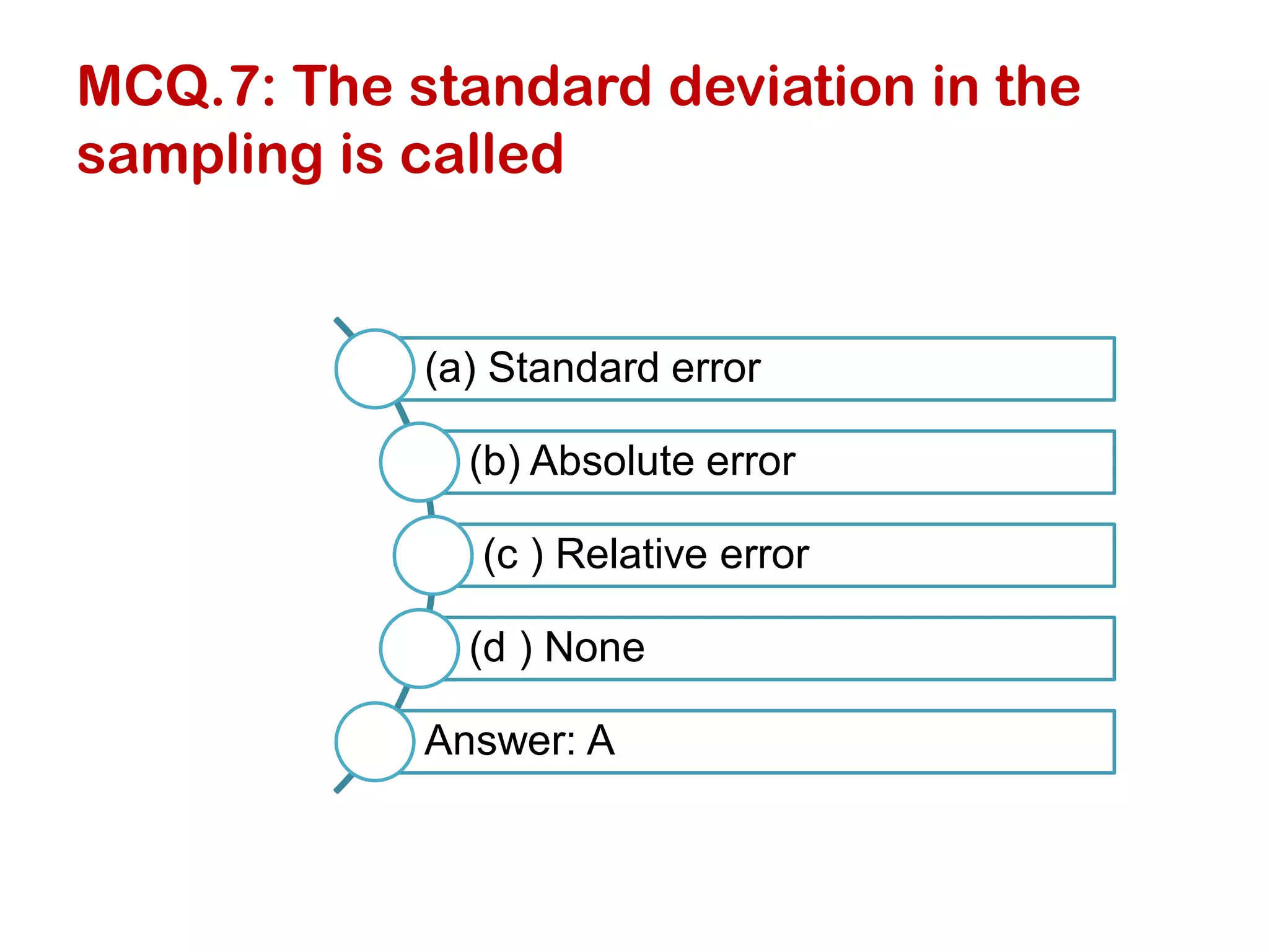 MCQ.7: The standard deviation in the
sampling is called
(a) Standard error
(b) Absolute error
(c ) Relative error
(d ) None
Answer: A
 