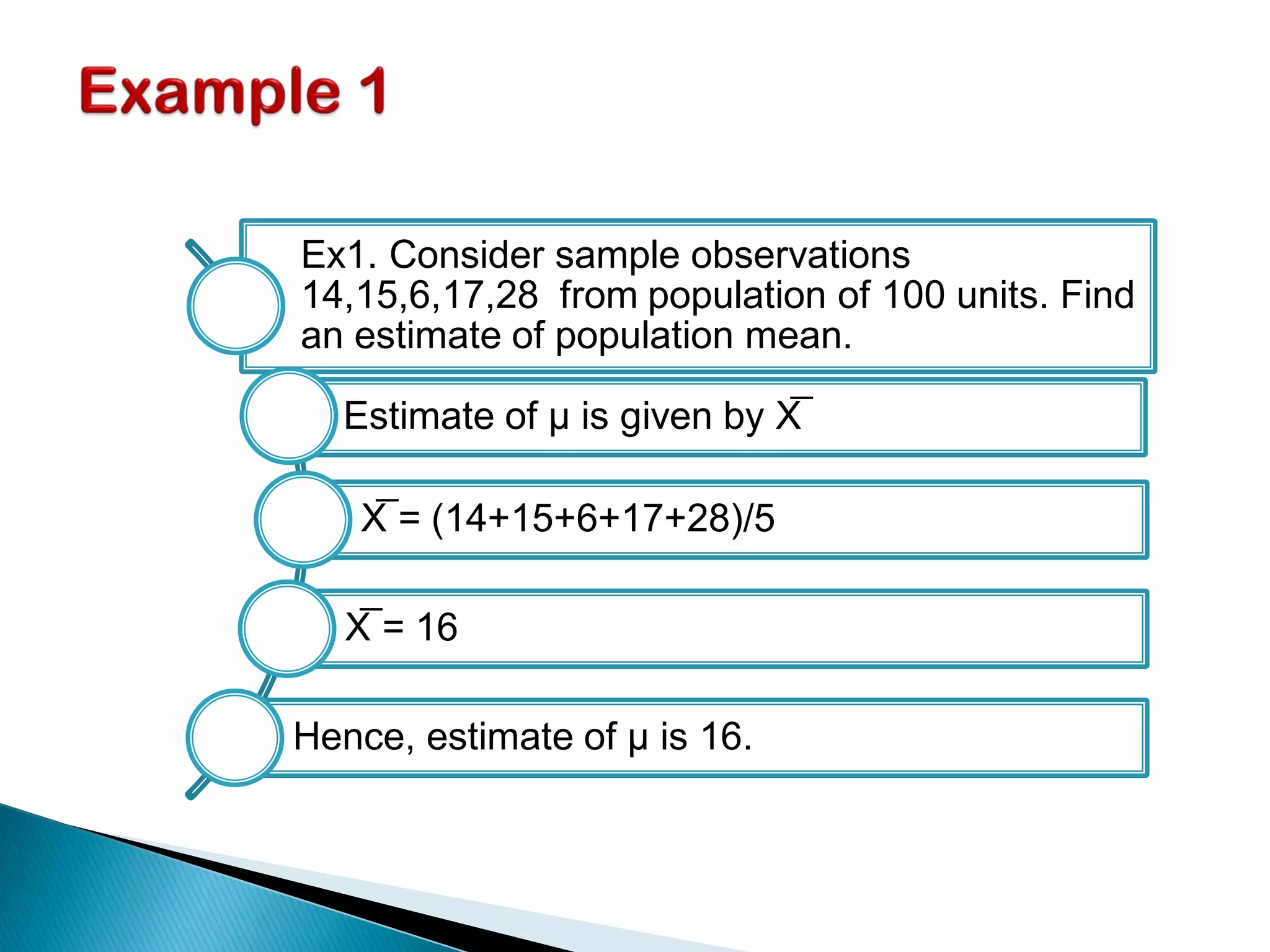 Ex1. Consider sample observations
14,15,6,17,28 from population of 100 units. Find
an estimate of population mean.
Estimate of μ is given by X̅
X̅ = (14+15+6+17+28)/5
X̅ = 16
Hence, estimate of μ is 16.
 