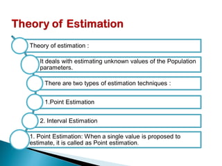 Theory of estimation :
It deals with estimating unknown values of the Population
parameters.
There are two types of estimation techniques :
1.Point Estimation
2. Interval Estimation
1. Point Estimation: When a single value is proposed to
estimate, it is called as Point estimation.
 