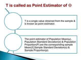 T is a single value obtained from the sample &
is known as point estimator.
The point estimator of Population Mean(μ),
Population Standard Deviation(σ) & Population
Proportion(P) are the corresponding sample
Mean(x̅),Sample Standard Deviation(s) &
Sample Proportion(p).
 