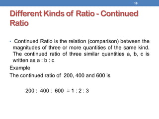 Different Kinds of Ratio - Continued
Ratio
• Continued Ratio is the relation (comparison) between the
magnitudes of three or more quantities of the same kind.
The continued ratio of three similar quantities a, b, c is
written as a : b : c
Example
The continued ratio of 200, 400 and 600 is
200 : 400 : 600 = 1 : 2 : 3
16
 