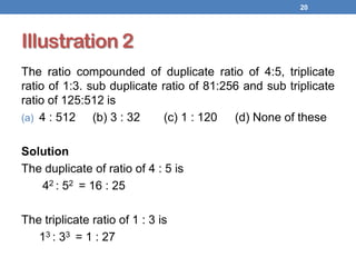 Illustration 2
The ratio compounded of duplicate ratio of 4:5, triplicate
ratio of 1:3. sub duplicate ratio of 81:256 and sub triplicate
ratio of 125:512 is
(a) 4 : 512 (b) 3 : 32 (c) 1 : 120 (d) None of these
Solution
The duplicate of ratio of 4 : 5 is
42 : 52 = 16 : 25
The triplicate ratio of 1 : 3 is
13 : 33 = 1 : 27
20
 