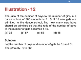 Illustration - 12
The ratio of the number of boys to the number of girls in a
dance school of 360 students is 3 : 5. If 15 new girls are
admitted to the dance school, find how many new boys
should be admitted so that the ratio of the number of boys
to the number of girls becomes 4 : 5.
(a) 75 (b) 57 (c) 55 (d) 45
Solution
Let the number of boys and number of girls be 3x and 5x
Therefore 3x+5x = 360
36
 