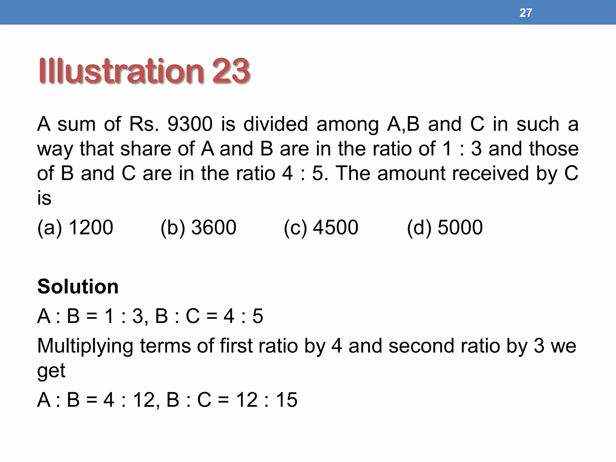 Illustration 23
A sum of Rs. 9300 is divided among A,B and C in such a
way that share of A and B are in the ratio of 1 : 3 and those
of B and C are in the ratio 4 : 5. The amount received by C
is
(a) 1200 (b) 3600 (c) 4500 (d) 5000
Solution
A : B = 1 : 3, B : C = 4 : 5
Multiplying terms of first ratio by 4 and second ratio by 3 we
get
A : B = 4 : 12, B : C = 12 : 15
27
 