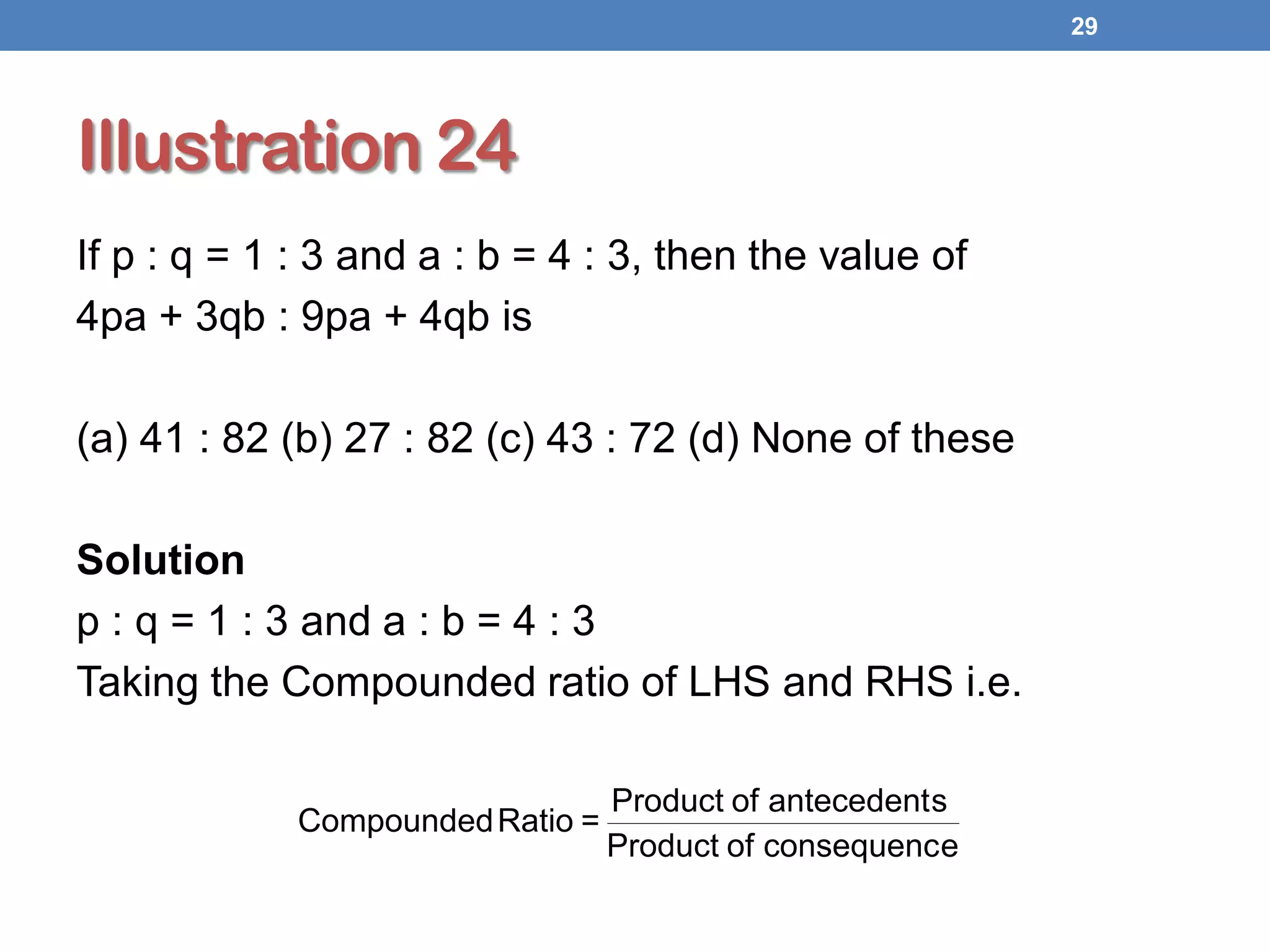 Illustration 24
If p : q = 1 : 3 and a : b = 4 : 3, then the value of
4pa + 3qb : 9pa + 4qb is
(a) 41 : 82 (b) 27 : 82 (c) 43 : 72 (d) None of these
Solution
p : q = 1 : 3 and a : b = 4 : 3
Taking the Compounded ratio of LHS and RHS i.e.
29
econsequencofProduct
santecedentofProduct
=RatioCompounded
 