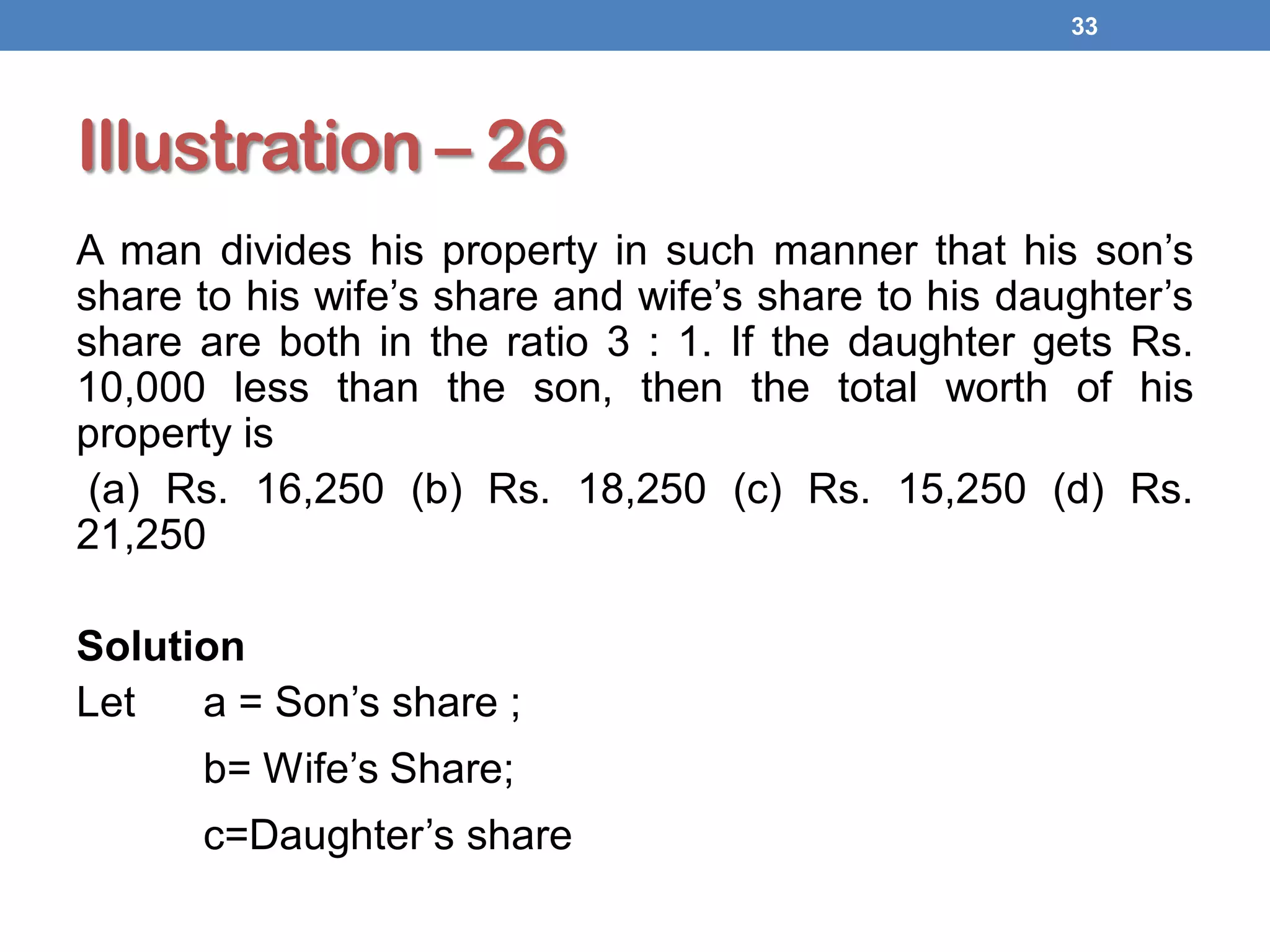 Illustration – 26
A man divides his property in such manner that his son’s
share to his wife’s share and wife’s share to his daughter’s
share are both in the ratio 3 : 1. If the daughter gets Rs.
10,000 less than the son, then the total worth of his
property is
(a) Rs. 16,250 (b) Rs. 18,250 (c) Rs. 15,250 (d) Rs.
21,250
Solution
Let a = Son’s share ;
b= Wife’s Share;
c=Daughter’s share
33
 