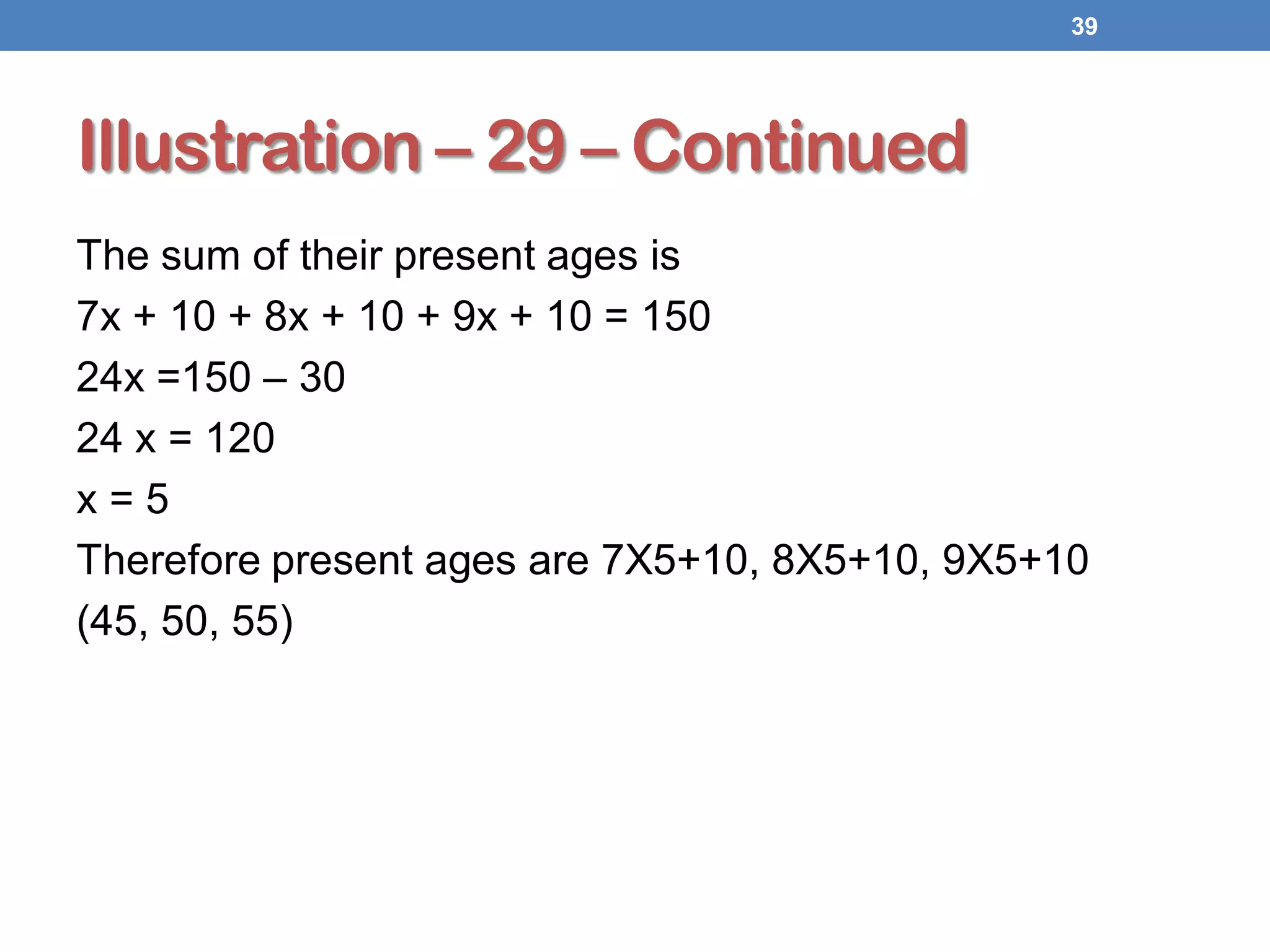 Illustration – 29 – Continued
The sum of their present ages is
7x + 10 + 8x + 10 + 9x + 10 = 150
24x =150 – 30
24 x = 120
x = 5
Therefore present ages are 7X5+10, 8X5+10, 9X5+10
(45, 50, 55)
39
 