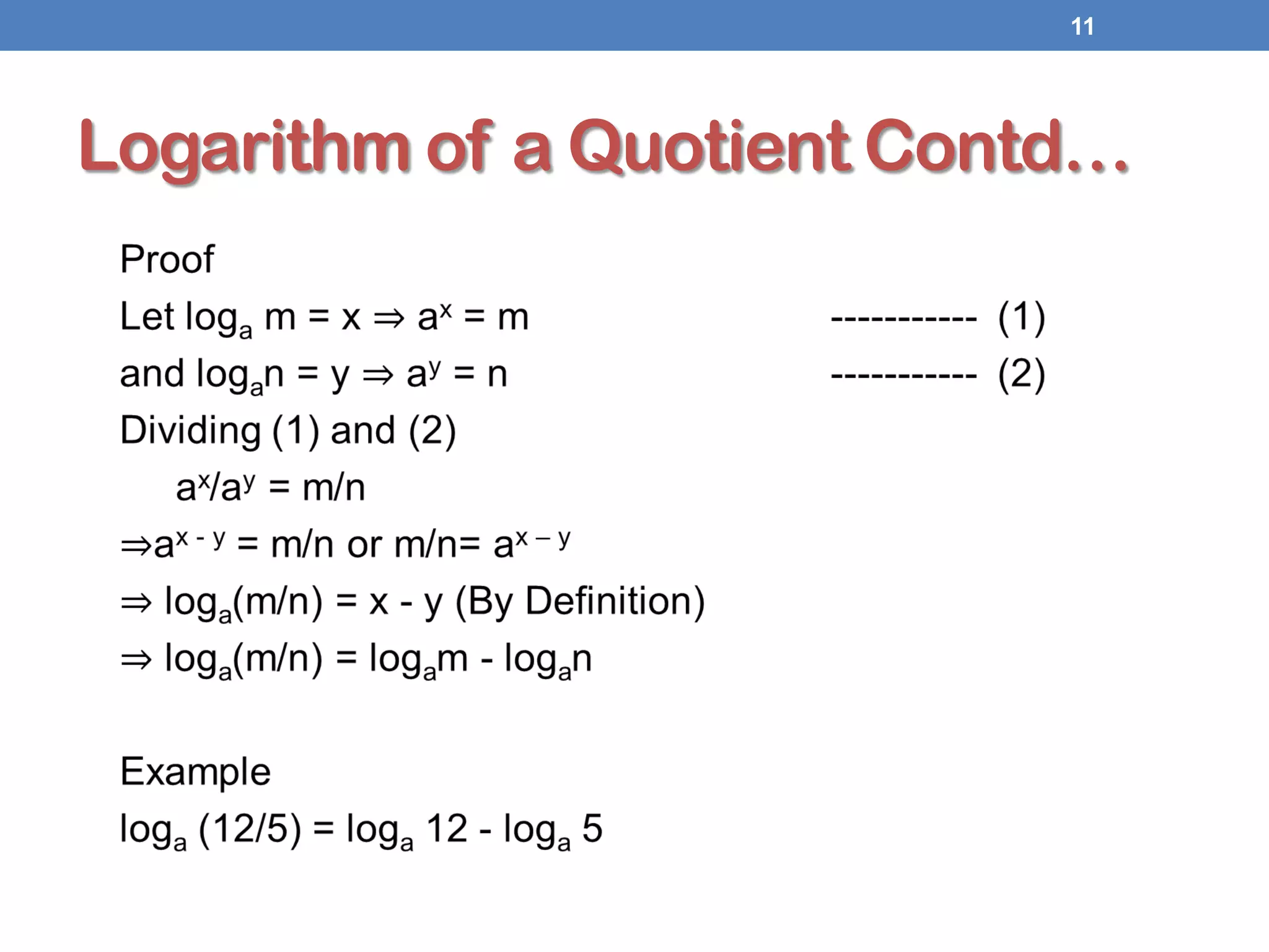 11
Logarithm of a Quotient Contd…
 