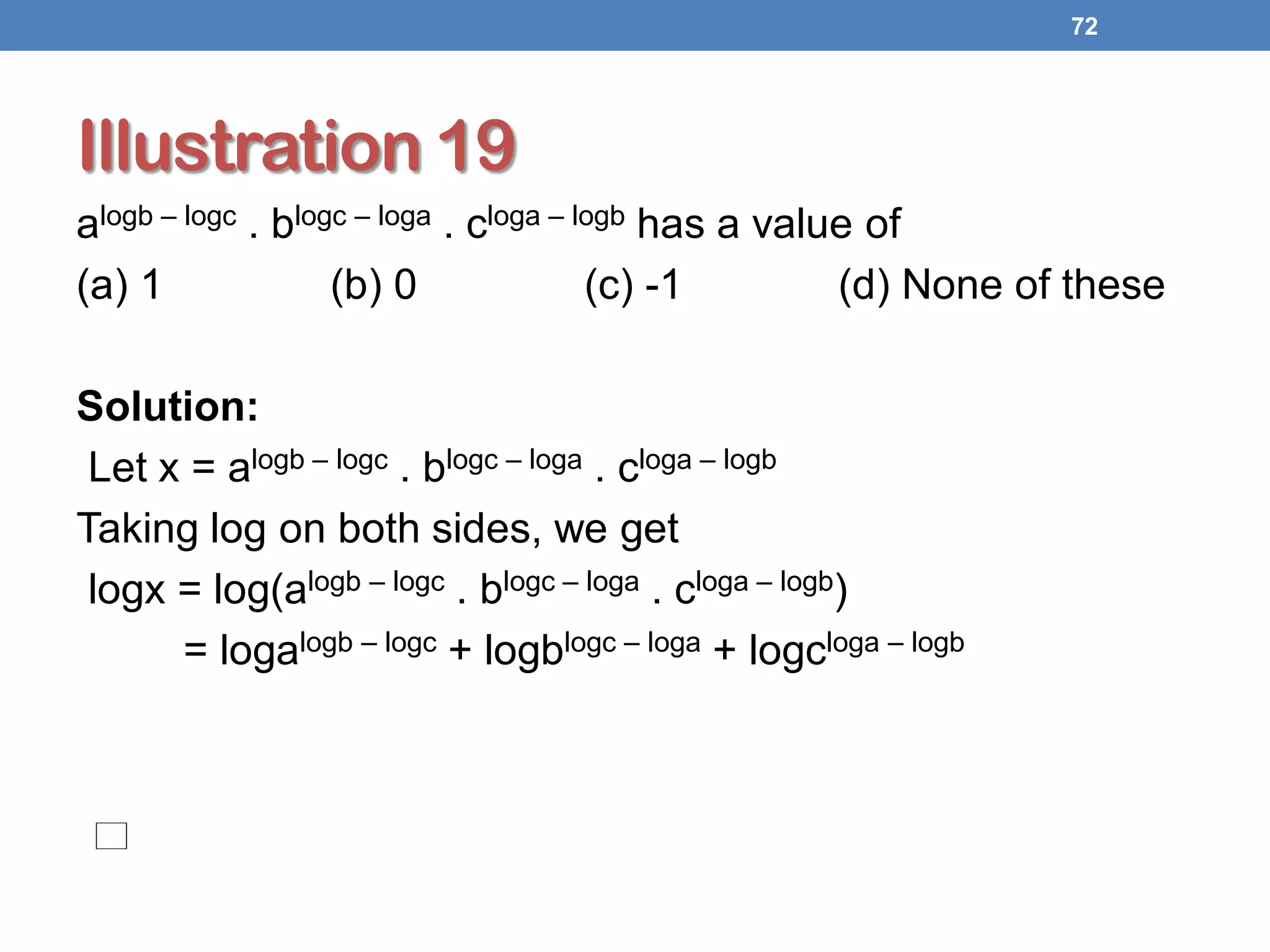 Illustration 19
alogb – logc . blogc – loga . cloga – logb has a value of
(a) 1 (b) 0 (c) -1 (d) None of these
Solution:
Let x = alogb – logc . blogc – loga . cloga – logb
Taking log on both sides, we get
logx = log(alogb – logc . blogc – loga . cloga – logb)
= logalogb – logc + logblogc – loga + logcloga – logb
72
∴
 