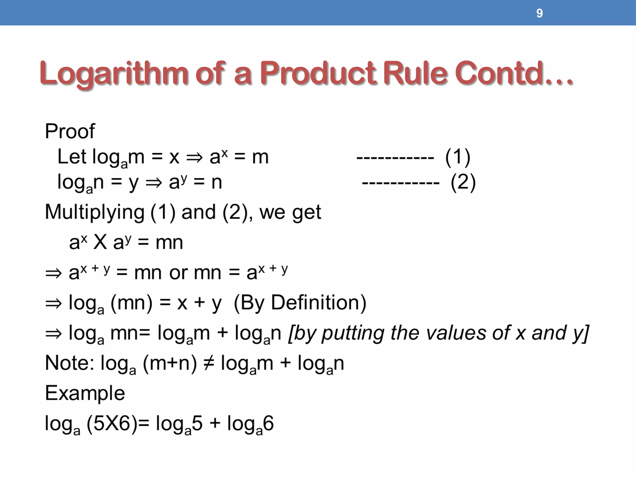 9
Logarithm of a Product Rule Contd…
 