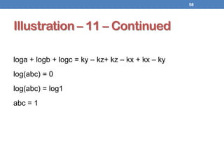 Illustration – 11 – Continued
loga + logb + logc = ky – kz+ kz – kx + kx – ky
log(abc) = 0
log(abc) = log1
abc = 1
58
 