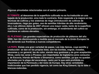 Algunas pinceladas relacionadas con el sector primario.
El TOMATE: el descenso de la superficie cultivada no se ha traducido en una
bajada de la producción, sino todo lo contrario. Esto responde a la mejora en las
técnicas de cultivos y los sistemas de riego (introducción de cultivos de
invernaderos, riego por goteo, uso de semillas híbridas de alto rendimiento,
etc.). Los últimos datos de 2007 ofrecen una mayor caída, tanto de la superficie
cultivada, como de la producción, sin embargo, el rendimiento del cultivo se
mantiene en valores elevados.
EL PLÁTANO: Las grandes expectativas de producción de plátanos del año
2000, han ido disminuyendo a medida que el mercado de la Unión Europea ha
ido abriendo sus fronteras a nuevos competidores.
LA PAPA: Existe una gran variedad de papas. Las más típicas, cuya semilla y
producción se dan en las propias Islas, son las bonitas, negras, rosadas,
azucenas y, en general, las de color, siendo muy gustosas y de gran aceptación.
Otras, como las caras o Picasso, son importadas de Inglaterra como consumo
y, de Escocia, Irlanda del Norte o Dinamarca, como semillas, ya que no quedan
afectadas por la plaga del escarabajo, razón por la que está prohibida su
importación de la Península y del resto de Europa. Hay otras variedades
tradicionales que han perdido vigencia, tal como las King Edward, Up to date o
blancas-redondas.
 