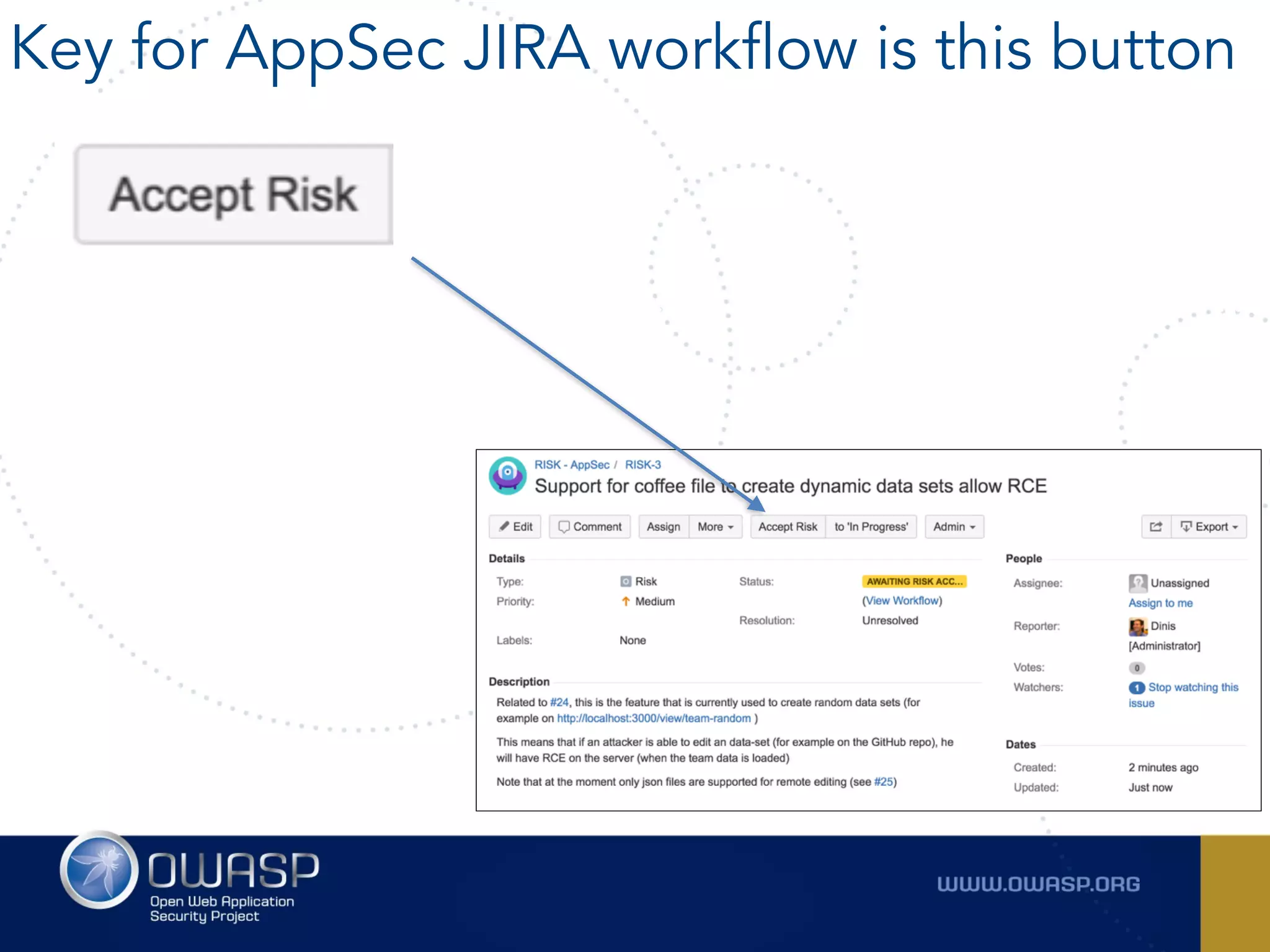 Key for AppSec JIRA workflow is this button
 