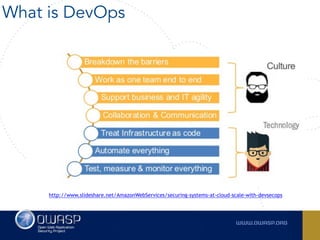 What is DevOps
http://www.slideshare.net/AmazonWebServices/securing-systems-at-cloud-scale-with-devsecops
 