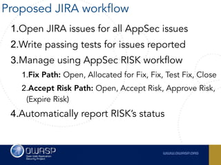 1.Open JIRA issues for all AppSec issues
2.Write passing tests for issues reported
3.Manage using AppSec RISK workflow
1.Fix Path: Open, Allocated for Fix, Fix, Test Fix, Close
2.Accept Risk Path: Open, Accept Risk, Approve Risk,
(Expire Risk)
4.Automatically report RISK’s status
Proposed JIRA workflow
 