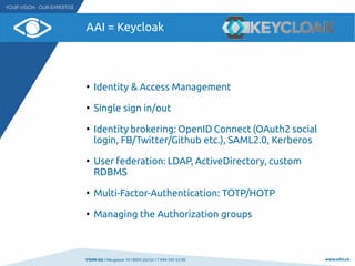 VSHN AG I Neugasse 10 I 8005 Zürich I T 044 545 53 00 www.vshn.ch
AAI = Keycloak
●
Identity & Access Management
●
Single sign in/out
●
Identity brokering: OpenID Connect (OAuth2 social
login, FB/Twitter/Github etc.), SAML2.0, Kerberos
●
User federation: LDAP, ActiveDirectory, custom
RDBMS
●
Multi-Factor-Authentication: TOTP/HOTP
●
Managing the Authorization groups
 