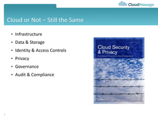 Cloud or Not – Still the Same
• Infrastructure
• Data & Storage
• Identity & Access Controls
• Privacy
• Governance
• Audit & Compliance
3
 
