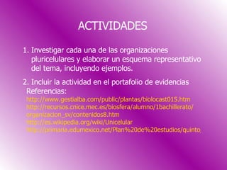 ACTIVIDADES Investigar cada una de las organizaciones pluricelulares y elaborar un esquema representativo del tema, incluyendo ejemplos. Incluir la actividad en el portafolio de evidencias Referencias: http :// www.gestialba.com / public /plantas/biolocast015. htm http :// recursos.cnice.mec.es /biosfera/alumno/1bachillerato/ organizacion_sv /contenidos8. htm http :// es.wikipedia.org / wiki /Unicelular http://primaria.edumexico.net/Plan%20de%20estudios/quinto/Ciencias%20Naturales%20V/Bimestre2/Apuntes/Leccion%2010.html