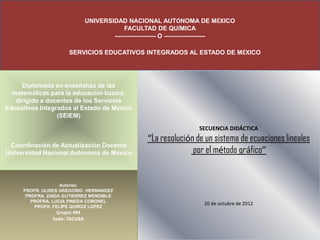 UNIVERSIDAD NACIONAL AUTÓNOMA DE MÉXICO
                                           FACULTAD DE QUÍMICA
                                      -------------------- O --------------------

                     SERVICIOS EDUCATIVOS INTEGRADOS AL ESTADO DE MÉXICO




     Diplomado en enseñanza de las
  matemáticas para la educación básica,
   dirigido a docentes de los Servicios
Educativos Integrados al Estado de México
                 (SEIEM)

                                                                    SECUENCIA DIDÁCTICA
                                                   “La resolución de un sistema de ecuaciones lineales
 Coordinación de Actualización Docente
Universidad Nacional Autónoma de México                          por el método gráfico”


                   Autores:
     PROFR. ULISES GREGORIO HERNANDEZ
      PROFRA. ZAIDA GUTIERREZ MENDIBLE
        PROFRA. LUCIA PINEDA CORONEL
                                                                      20 de octubre de 2012
         PROFR. FELIPE QUIROZ LOPEZ
                Grupo: M4
               Sede: TACUBA
 