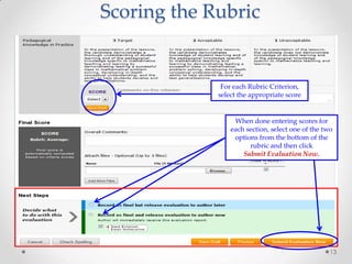 Scoring the Rubric

For each Rubric Criterion,
select the appropriate score

When done entering scores for
each section, select one of the two
options from the bottom of the
rubric and then click
Submit Evaluation Now.

13

 
