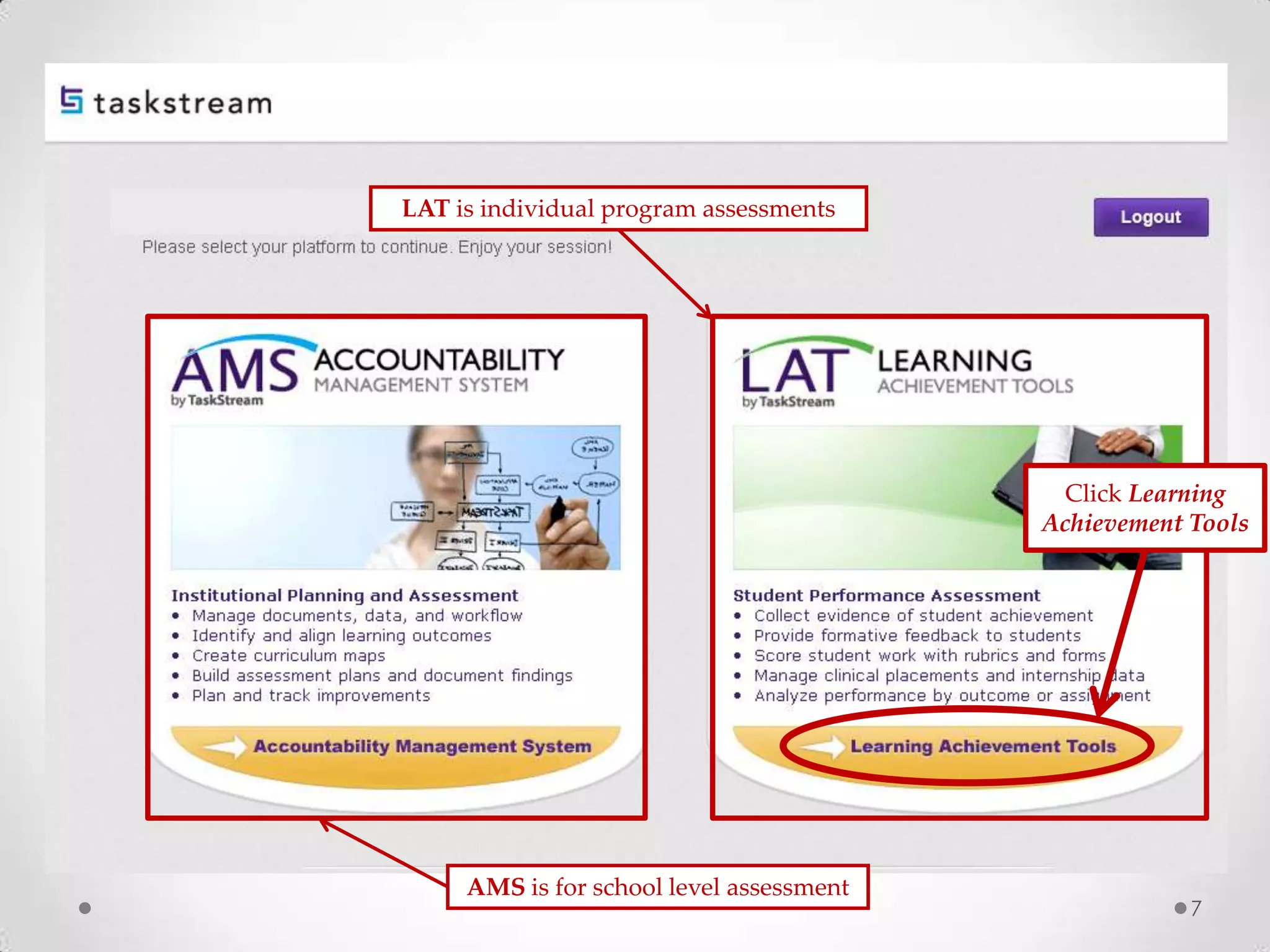 LAT is individual program assessments
AMS is for school level assessment
Click Learning
Achievement Tools
7
 