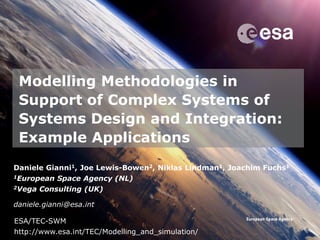 →
Modelling Methodologies in
Support of Complex Systems of
Systems Design and Integration:
Example Applications
Daniele Gianni1, Joe Lewis-Bowen2, Niklas Lindman1, Joachim Fuchs1
1European Space Agency (NL)
2Vega Consulting (UK)
daniele.gianni@esa.int
ESA/TEC-SWM
http://www.esa.int/TEC/Modelling_and_simulation/
 