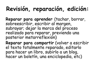 Revisión, reparación, edición:
Reparar para aprender (tachar, borrar,
sobreescribir, escribir al margen,
subrayar; dejar la marca del proceso
realizado para reparar, previendo una
posterior metarreflexión)
Reparar para compartir (volver a escribir
el texto totalmente reparado, editarlo
para hacer un libro, subirlo a un blog,
hacer un boletín, una enciclopedia, etc)
 
