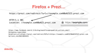 detectify
Firefox + Prezi…
https://prezi.com/redirect/?url=//example.com%0a%2523.prezi.com
HTTP/1.1 301
Location: //exampl...