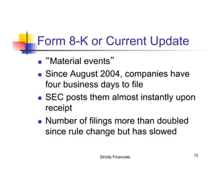 Form 8-K or Current Update
n 
n 

n 

n 

“Material events”
Since August 2004, companies have
four business days to file
SEC posts them almost instantly upon
receipt
Number of filings more than doubled
since rule change but has slowed
Strictly Financials

12

 