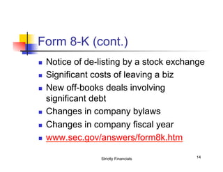 Form 8-K (cont.)
n 
n 
n 

n 
n 
n 

Notice of de-listing by a stock exchange
Significant costs of leaving a biz
New off-books deals involving
significant debt
Changes in company bylaws
Changes in company fiscal year
www.sec.gov/answers/form8k.htm
Strictly Financials

14

 