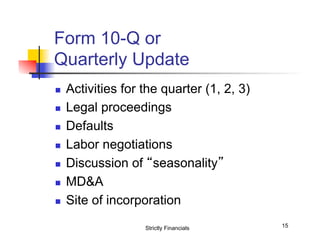 Form 10-Q or
Quarterly Update
n 
n 
n 
n 
n 
n 
n 

Activities for the quarter (1, 2, 3)
Legal proceedings
Defaults
Labor negotiations
Discussion of “seasonality”
MD&A
Site of incorporation
Strictly Financials

15

 