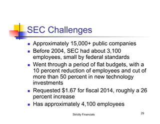 SEC Challenges
n 
n 

n 

n 

n 

Approximately 15,000+ public companies
Before 2004, SEC had about 3,100
employees, small by federal standards
Went through a period of flat budgets, with a
10 percent reduction of employees and cut of
more than 50 percent in new technology
investments
Requested $1.67 for fiscal 2014, roughly a 26
percent increase
Has approximately 4,100 employees
Strictly Financials

29

 